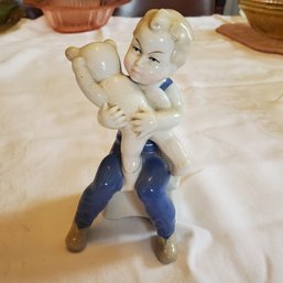 1950s Boy With Teddy Bear Figurine Made In East Germany