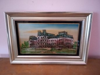 Lovely Reverse Glass Painting Of The Lafayette House With Modern Wood Gold Frame