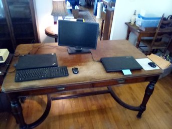 Handsome Large Wood Desk & Rush Seat Ladder Back Chair - Provides Much Space For Computer & Work Necessities