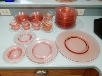 52 Pieces Of Pink Depression Glass Dinnerware