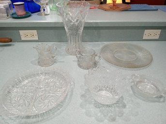 Seven Magnificent Pieces Of Vintage Pressed Glass Serving Ware