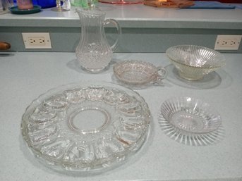 One Great Crystal Egg & Relish Server,and Six Pieces Of Pressed Glass Serving Ware