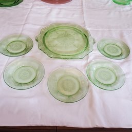 Vintage Uranium Green Depression Glass Footed Cake Serving Plate With Five Small Cake Plates