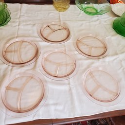 Six MacBeth Evans Pink Depression Glass Divided Grill Luncheon Plates With Dogwood Flowers Design Outer Band