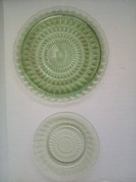 Two Green Uranium Depression Glass Round Platters - With Lite Uranium Glass Glow