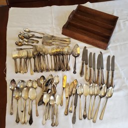 9 1/2 Pound Lot Of Silverplate & Stainless- Steel Flatware With Wood Holding Tray -103 Pieces