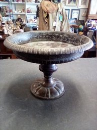 Heavy Metal Pedestal Dish With Patina Wear Giving It An Old World Appearance  C5