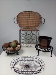 Lovely Metal Works Decor, Six Piece Lot Includes Baskets, Plant Stand, Bowl, Wine Rack & Bucket