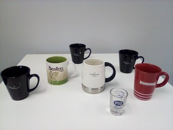 Six Mugs & A Shot Glass - 2 Starbucks, 1 Fairfield U, 3 General Cologne Re & Penn State Shot Glass