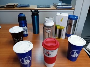 Assortment Of Promotional Coffee Cups, French Press Coffee Cups And Beverage Bottles