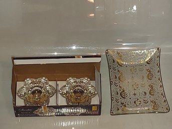 Georges Briard 22k MCM Glass Dish And Starlite Pressed Glass Candle Holders