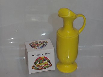 Small Glass Tea Candle Dome With Plate From Germany And A Vintage Haeger Canary Yellow Ceramic Pitcher
