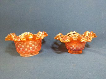 Pair Of Carnival Glass Baskets / Bowls With Reticulated Edges