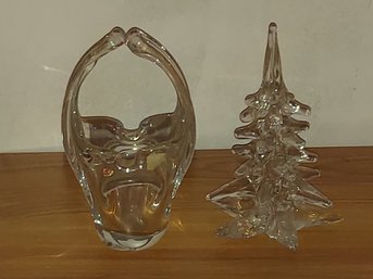Clear Glass Handled Basket 8' X 4' Tall And Vintage Clear Art Glass Christmas Tree Figurines 8' & 4'