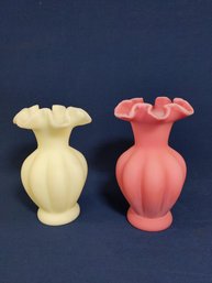 Pair Of Satin Glass Vases In Yellow And Pink