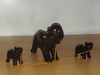 Vintage Black Elephants, Trunks Up, Mama And Two Babies On Chains