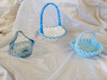 Three (3) Blue Ruffle Edge Glass Baskets
