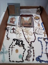 Religious Collection Of Rosary Beads, Metals, Necklace, Crosses, Bracelet, Frame, And Plaque  212/D3