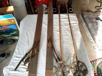 Antique Cross Country Wooden Skis And Bamboo Poles  AS