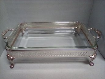 Anchor Hocking 3 Qt #22 Oven Proof Glass Casserole Dish In Silverplate Footed Stand  C3