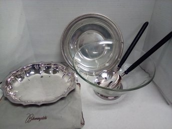 Silverplate Lot - Bloomingdales Serving Dish, Glass Salad Bowl With Servers & Platter   E2