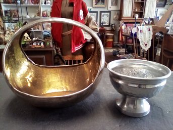 Hammered Metal Vessels - Silver Tone Footed Bowl &  Silver Tone With Brass Handled Basket  C5