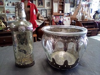 Vintage Pottery Barn Glass And Decorative Metal Planter & Bottle With Mercury Glass Look   C4