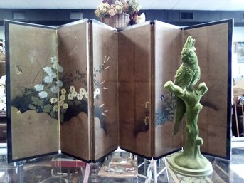 Asian 6 Panel Enameled Wood  Handpainted Florals On Gold Colored Paper &  Flocked Green Parrot Statuette  C4