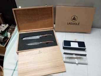 Beautiful Laguiole Kitchen Knifes With Cutting Board & A Cross Ballpoint Pen.