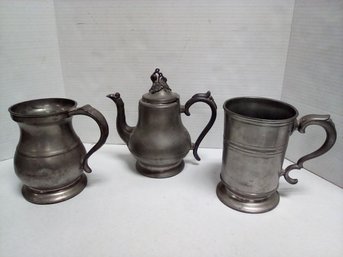 Antique Trio Of Pewter Steins And Teapot  - Steins Are Bloomingdale England Imports Nos. 63593 & 83405/  B4