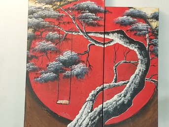 2 Pc Japanese Oil On Canvas Bonsai Tree