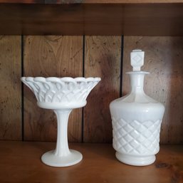 Two Vintage Milk Glass Items- Decanter And Tall Compote