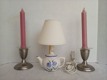 Two Empire Pewter Weighted Candlestick Holders, Candles & Sweet Mini Ceramic Teapot Working Lamp A2