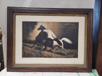 Great Framed Print Of Two Horses Playing With Nice Wooden Frame Matted.    WA