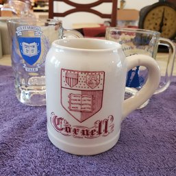 Three Vintage College & High School Mugs - Ceramic Cornell University, Glass Mugs- Yale & Wilton High School