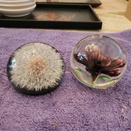 Two Lovely Glass Paperweights - Grand- Sized Dandelion & Water Lily