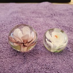 Two Special Mini Glass Paperweights With Flower Insides