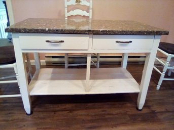 Farm Kitchen Table With Shelf Below  Drawers & 5 Painted Rush Ladderback Chairs