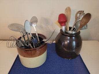 Two Beautiful Bean Pots With Kitchen Utensils