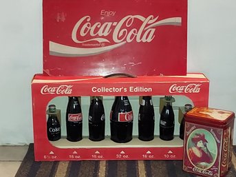 Vintage Coca-Cola Collectors Edition Glass Bottles 7 Pieces Never Opened, CocaCola THE PALMS Tin And Ad