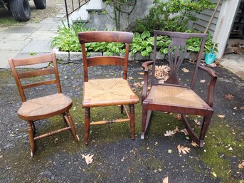 Three Beautiful Antique Woven Rush Chairs 2 Rocking Chairs  1 Side Chair