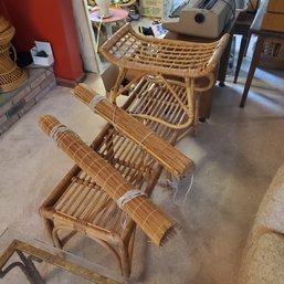 Vintage Bamboo Lot: Coffee Table, Two Roll Up Window Shades & One Chair