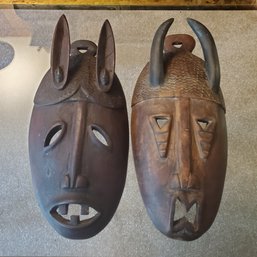 Two African Art Hand Carved Wood Tribal Masks