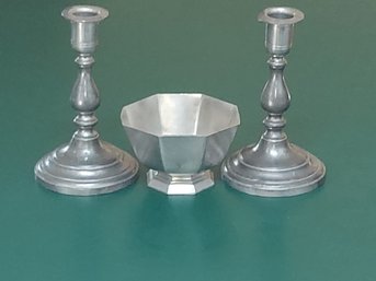 GORHAM Octette Pewter Open Sugar Bowl And WALLACE Vintage Pewter Candle Holders