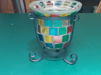 Vintage Stained Glass Candle Holder With Stand