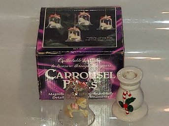 3pc Carrousel Bell Ornaments And A Christmas Candy Cane Candle Holder