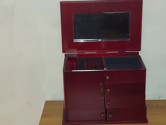 JEWELRY BOX CHERRY STAIN WOOD MANY COMPARTMENTS