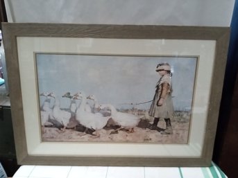 Lovely Print Of A Painting By James Guthrie Of Girl Walking Ducks On The Beach Matted.   WA
