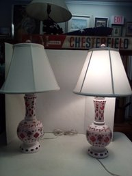 Prettiest Handpainted Florals On Working Art Glass Lamps With Fabric Shades & Pink Glass Finials  CVBK