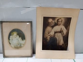 Two Beautiful Vintage Prints Man And Child And Two Children.  WA